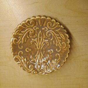 Tan Brown Ceramic Trinket Dish Curved With Asymmetrical Pattern